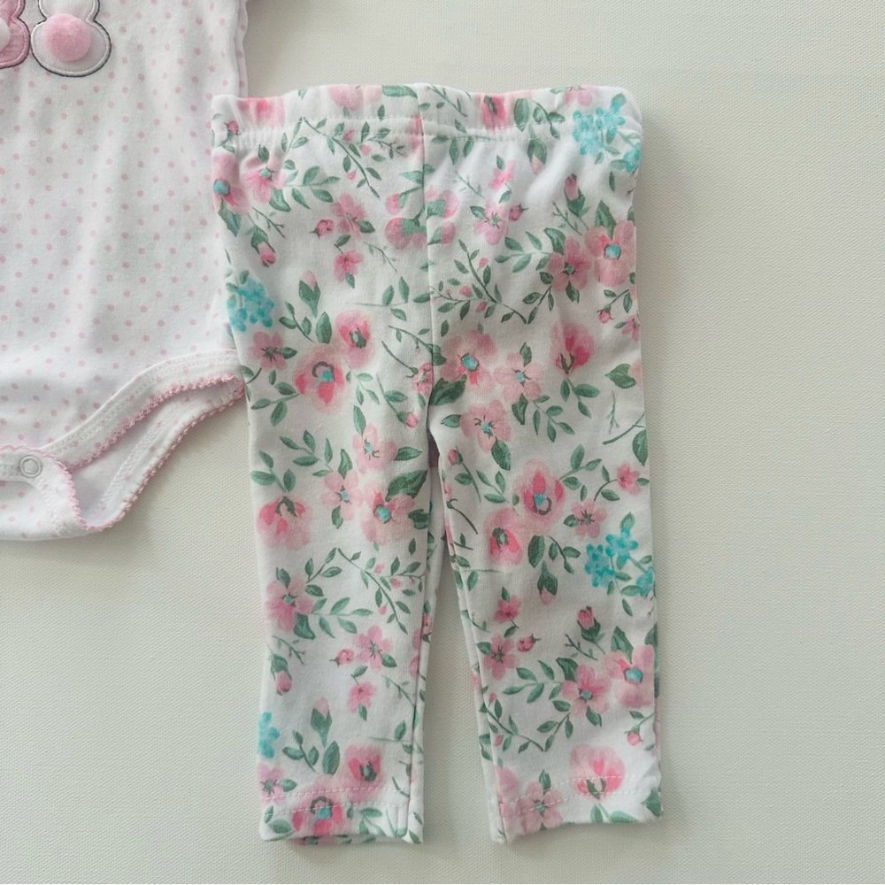 Baby Essentials 3 Months Girl Easter Bunny Tail Floral Bodysuit Pant Set Outfit - Picture 4 of 6